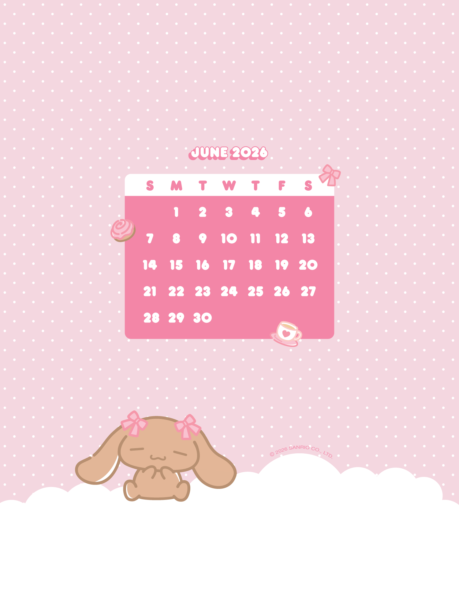 Calendar for June 2026 with Lovelymocha on a pink polka dot background.