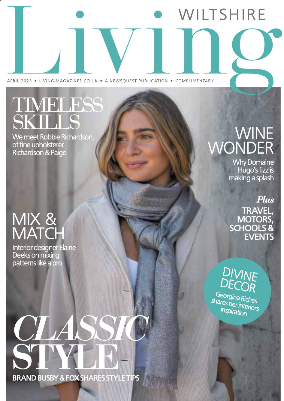 The front cover of Wiltshire living magazine's april 2023 edition featuring a model wearihg a silver scarf and a light beige corduroy jacket