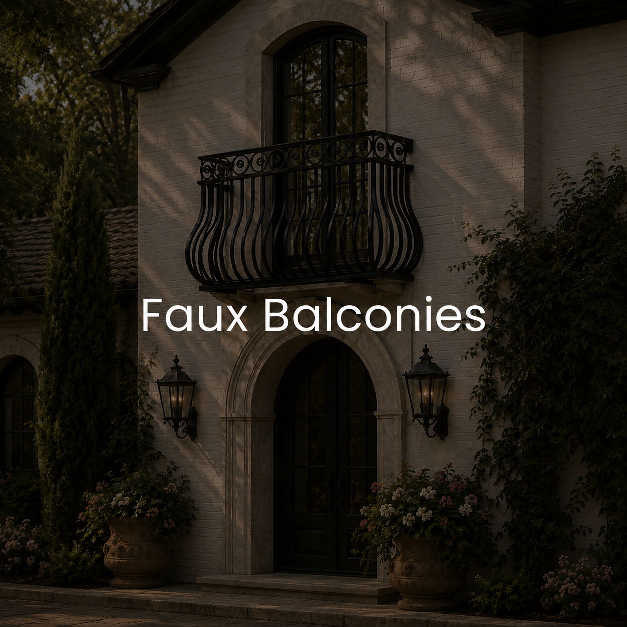 Faux balconies on a house with decorative plants and exterior lighting.
