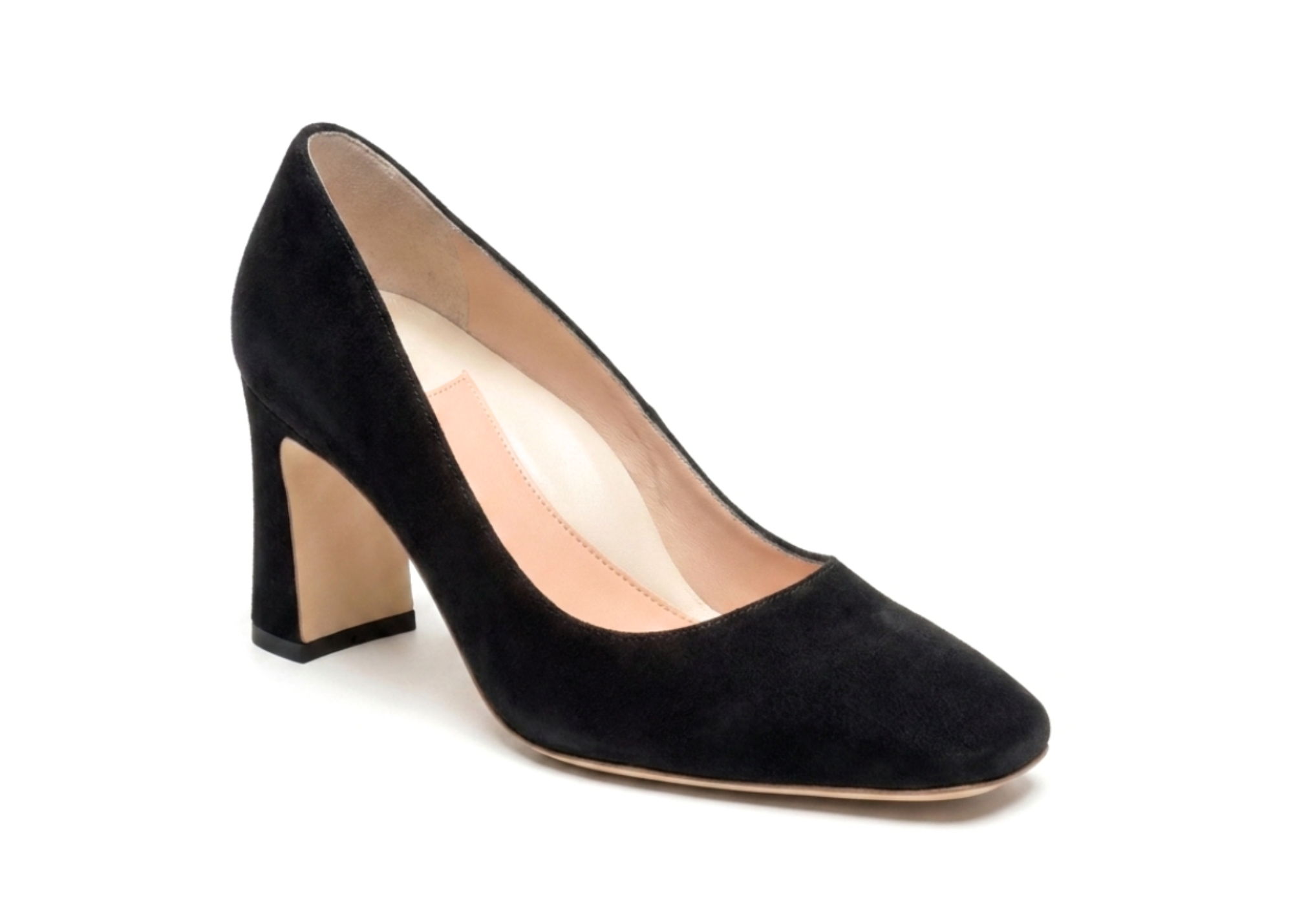 Black suede high-heeled pump with a block heel.