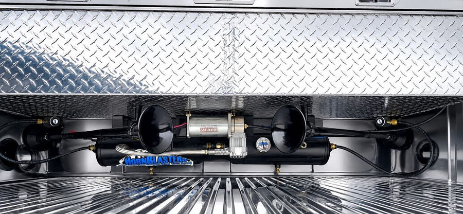 Safety Horn Air Horn Kit with HornBlasters air tank VIAIR compressor and two black trumpet horns installed in silver diamond-plate toolbox Hunter's 2012 Chevy Silverado gallery photo 4