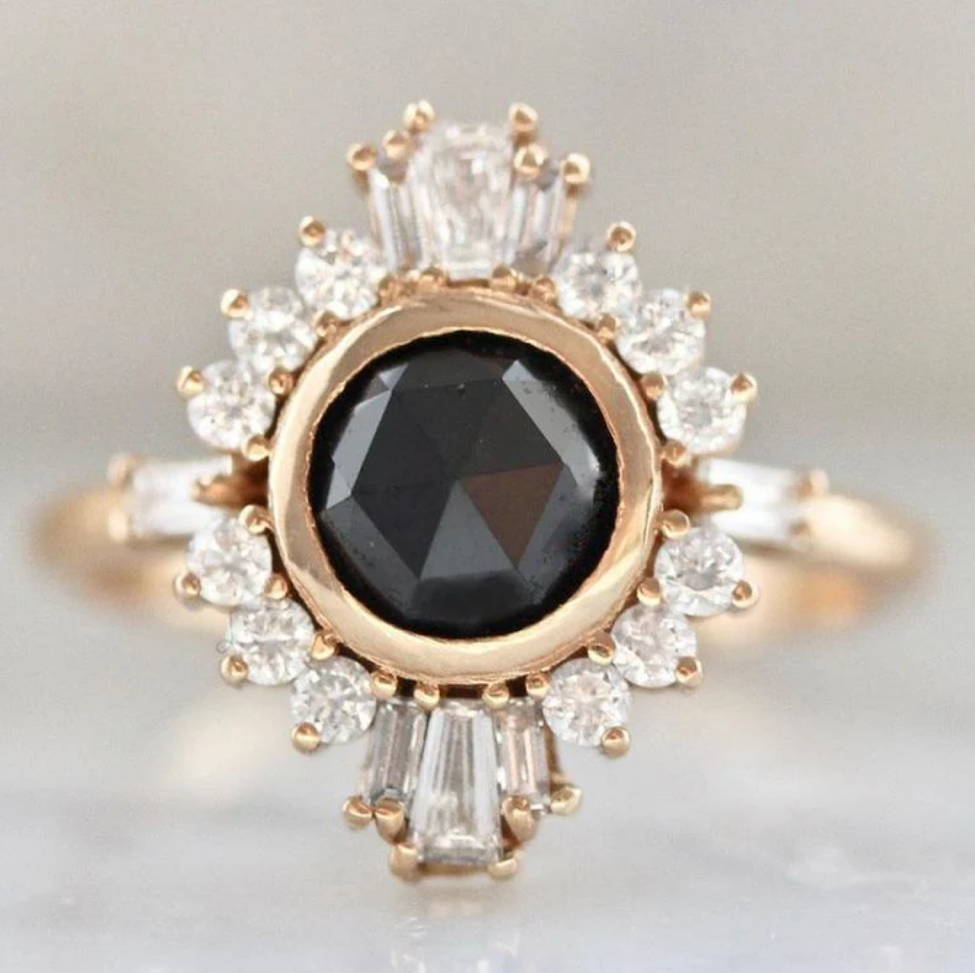 Black Diamond Bezel Set Engagement Ring with white diamond halo