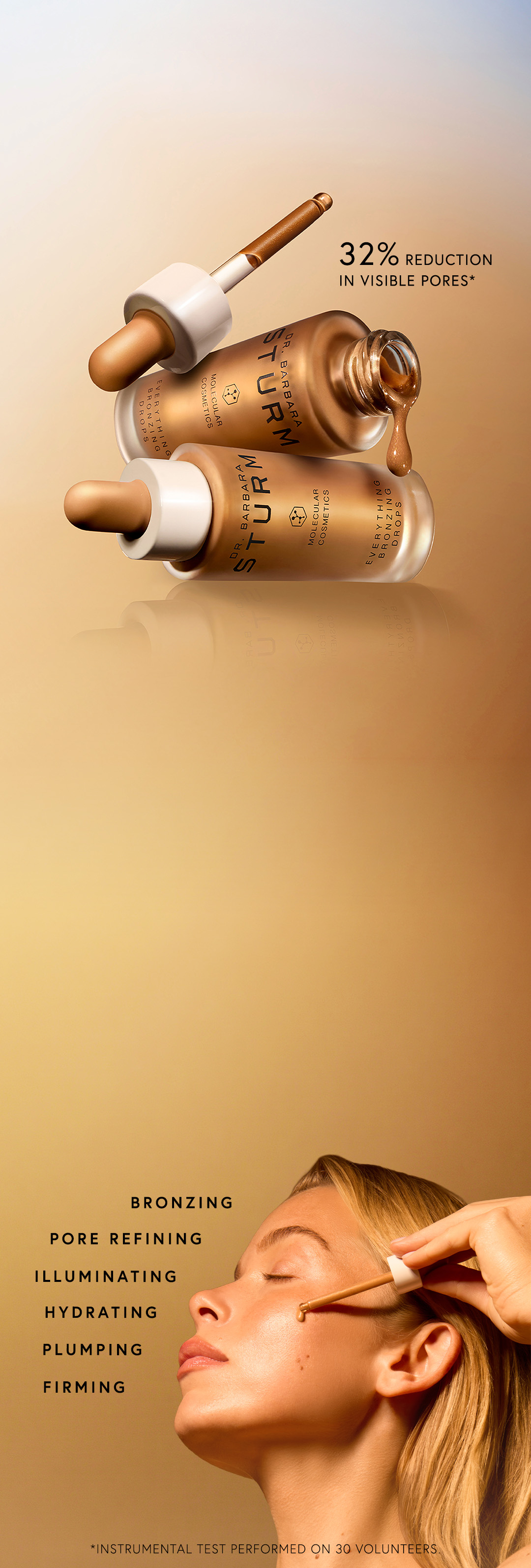 Two serum bottles with benefits and a woman applying product on her face.