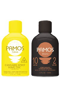 Two bottles of PAMO'S cannabis spirit, one yellow and one black.