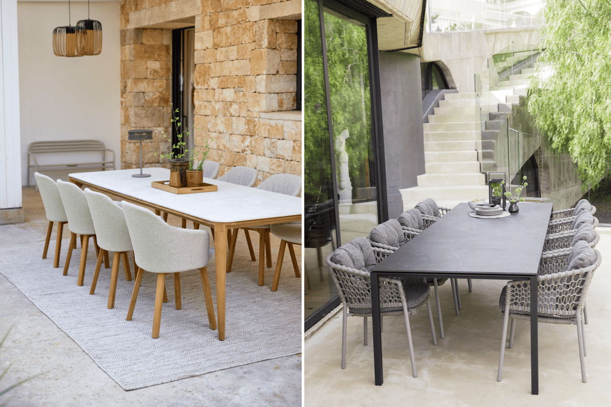 Two outdoor dining spaces featuring a long light-toned dining table with upholstered chairs and a dark modern dining table with woven armchairs on covered patios.