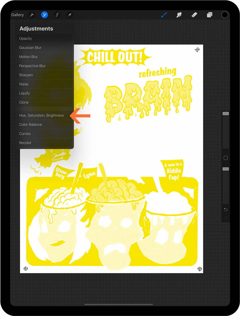 With yellow layer selected,  Adjustments panel open with arrow pointing to hue, saturation, brightness option in Procreate on iPad