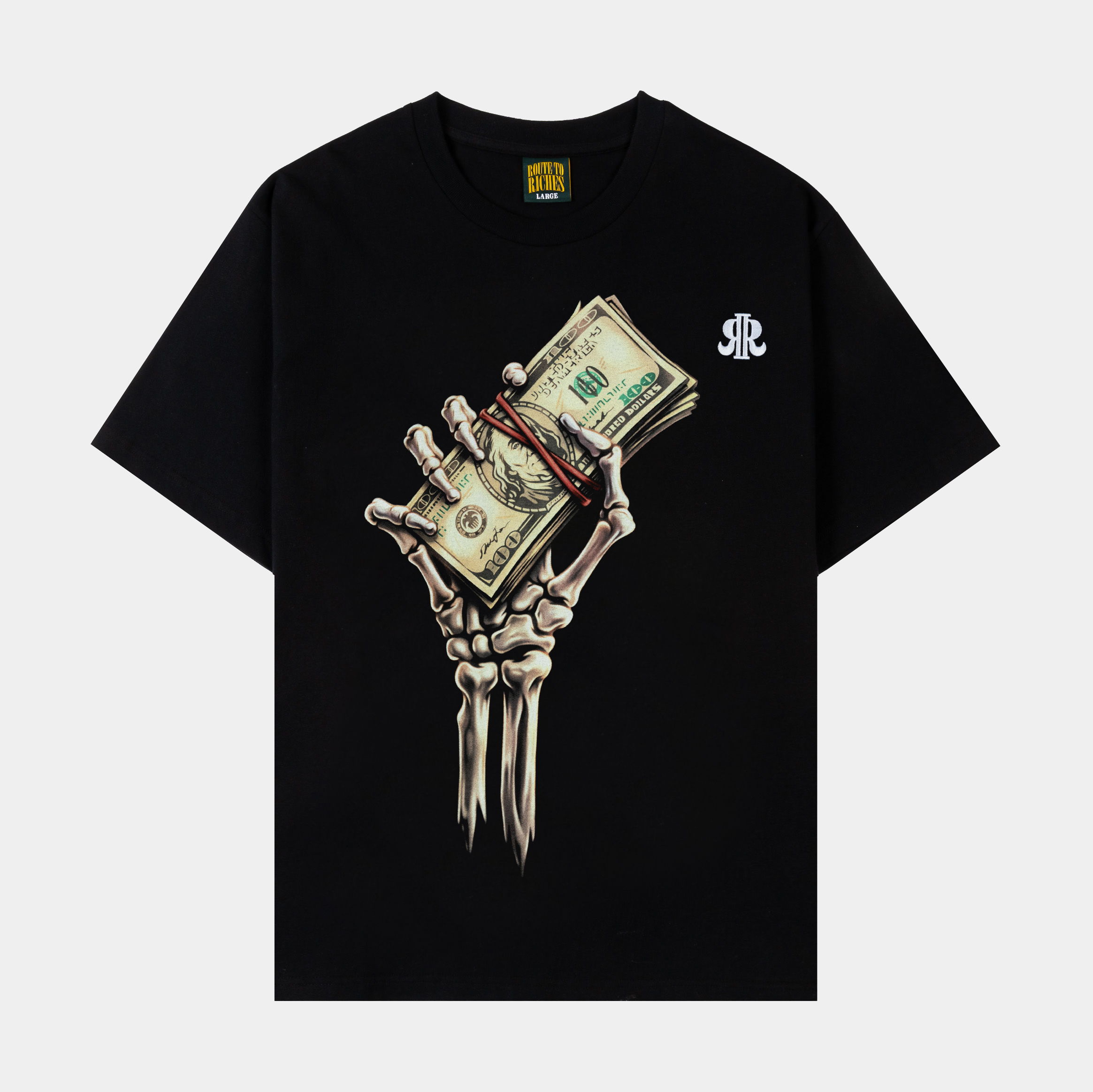 Black t-shirt featuring a skeleton hand holding cash.