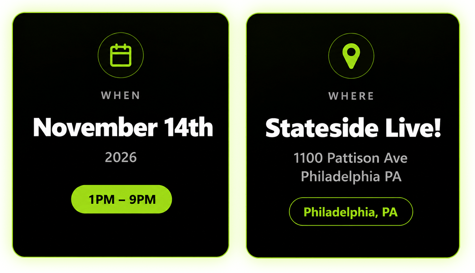 Event details: November 14th, 2023, Stateside Live!, Philadelphia, PA, 1PM - 9PM.