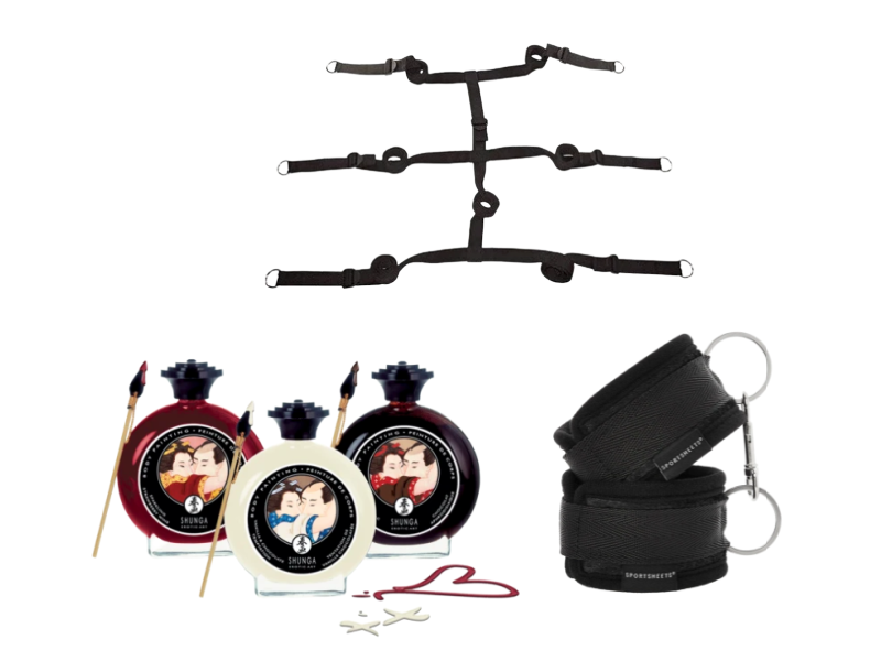 BDSM kit bundle image shows the three items that come in the kit. The image shows an under-the-bed restraint system, a set of two cuffs to go with the set, and sensual body chocolate with a brush.