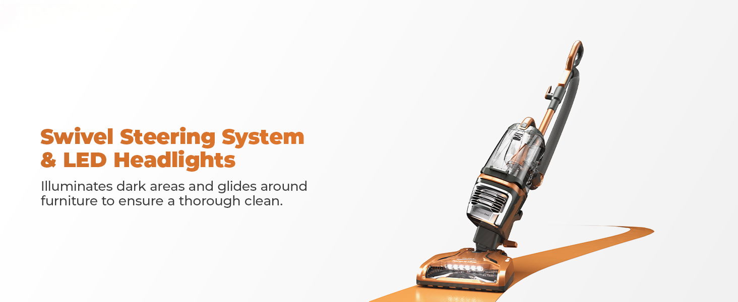 Vacuum cleaner with swivel steering and LED headlights.
