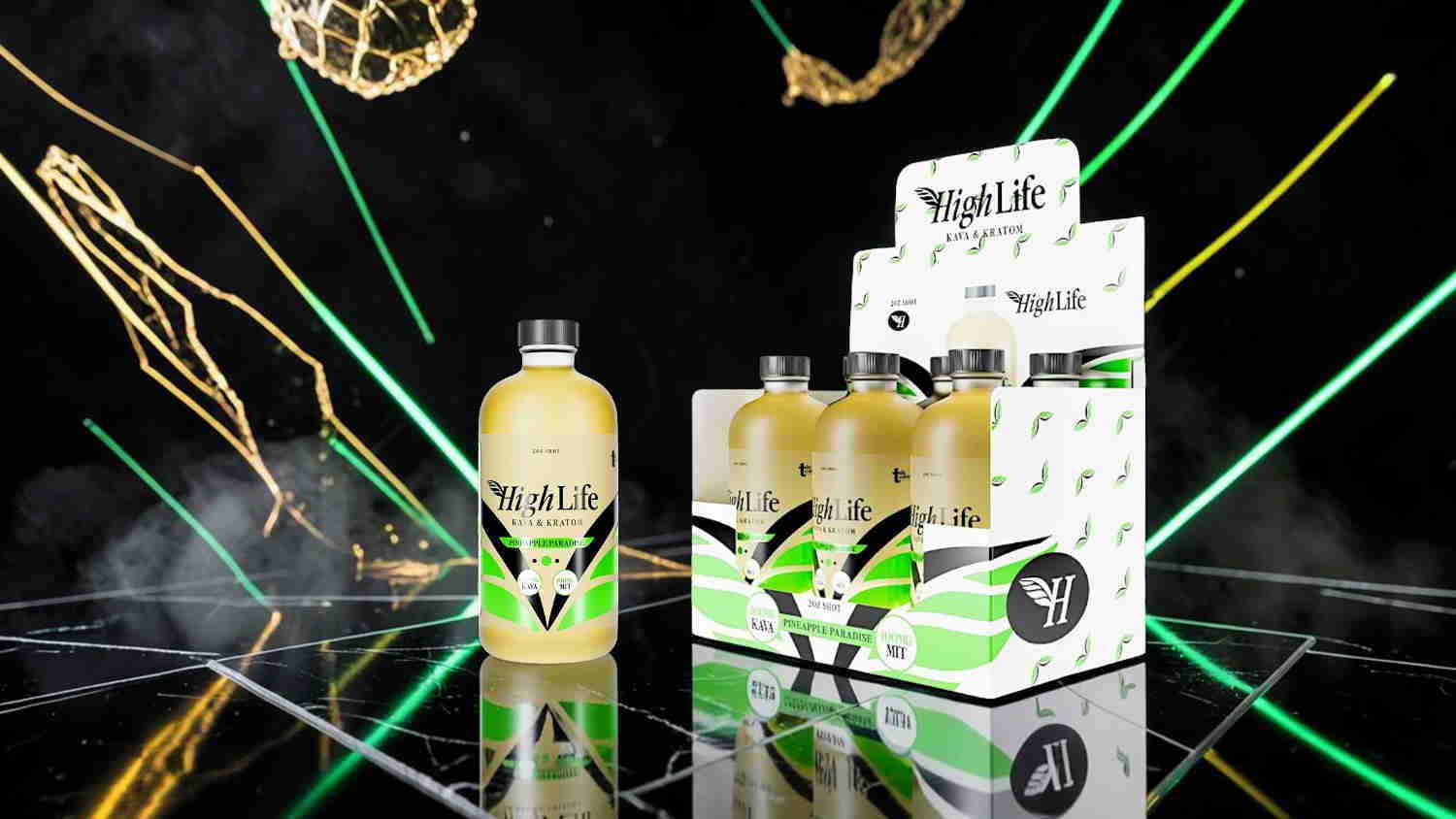 Bottles of beverage with dynamic background and packaging display.