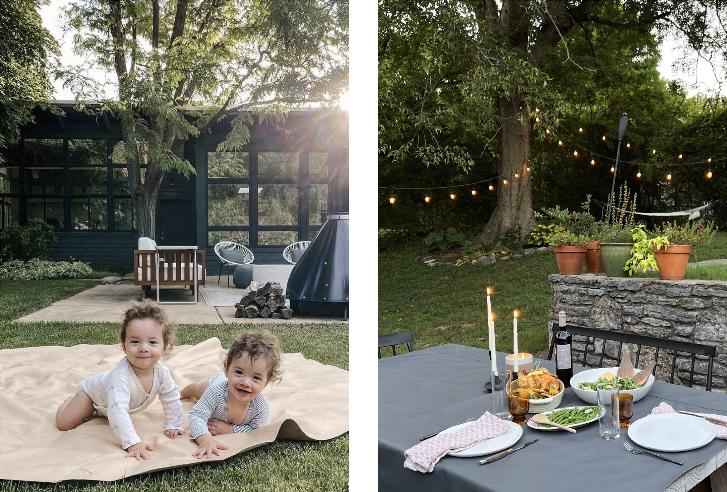 Babies laying on gathre mats in the backyard. / Gathre tablecloth using for outdoor dining