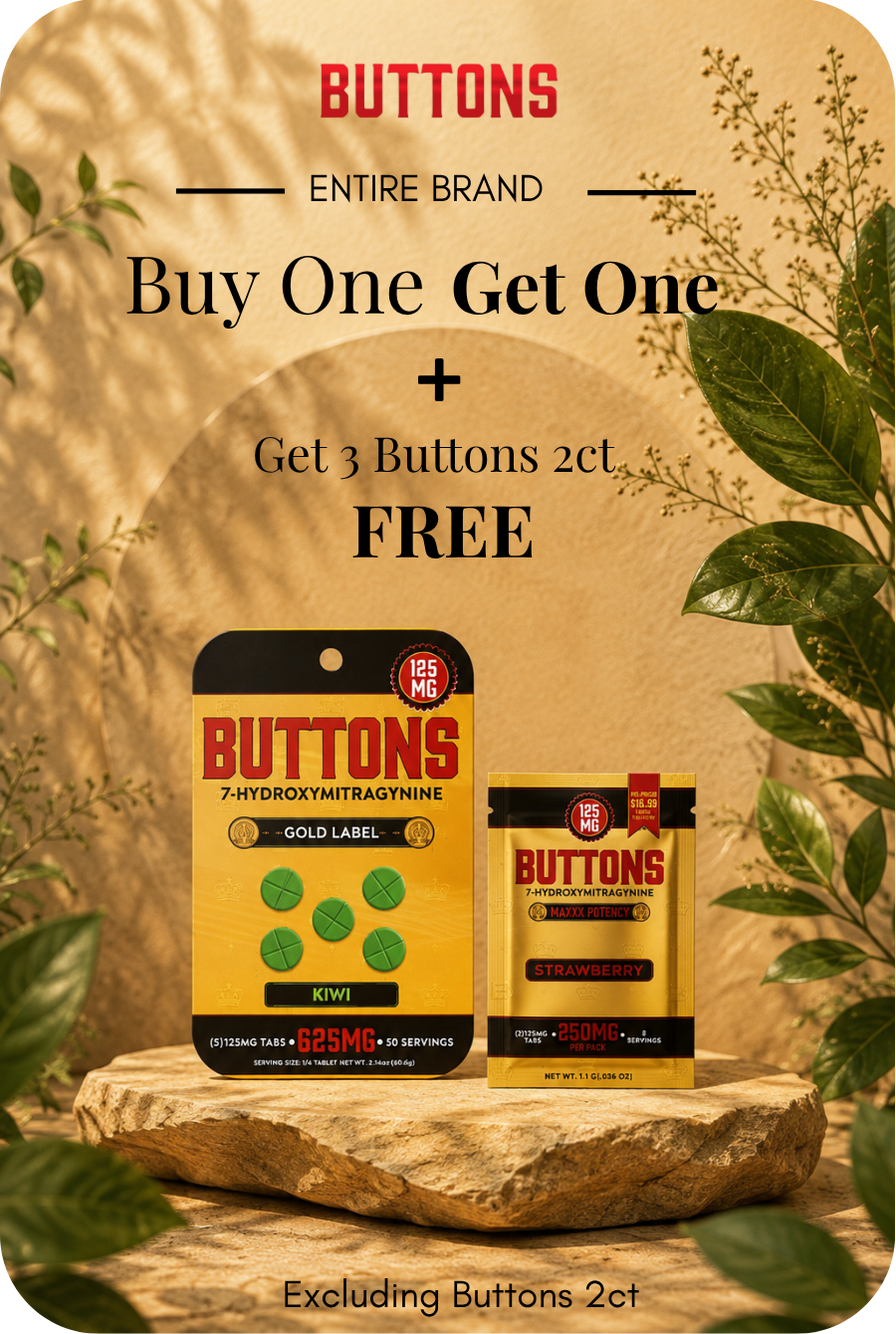 Promotional graphic for Buttons brand with Buy One Get One offer.