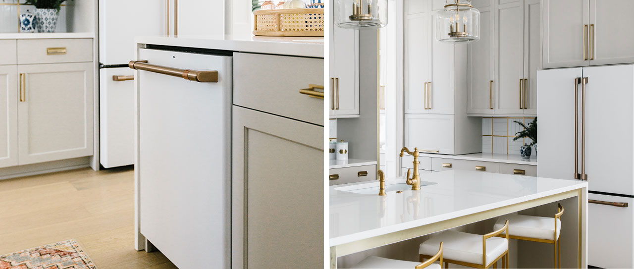 Gretchen Black designed kitchen with white cabinets and matte white appliances, featuring a countertop and dining area.