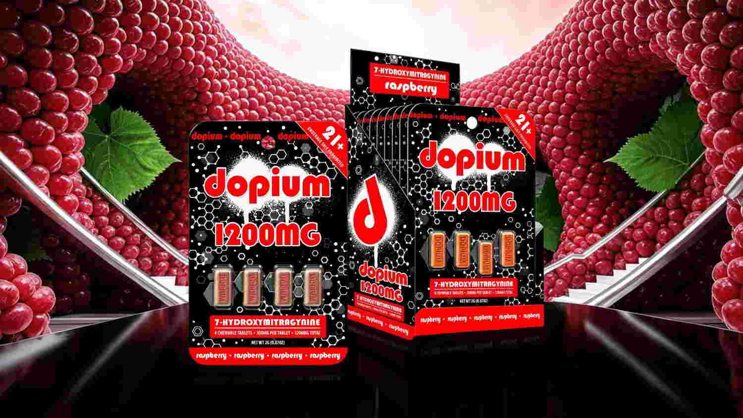 Boxes of Dopium products with a vibrant red background.