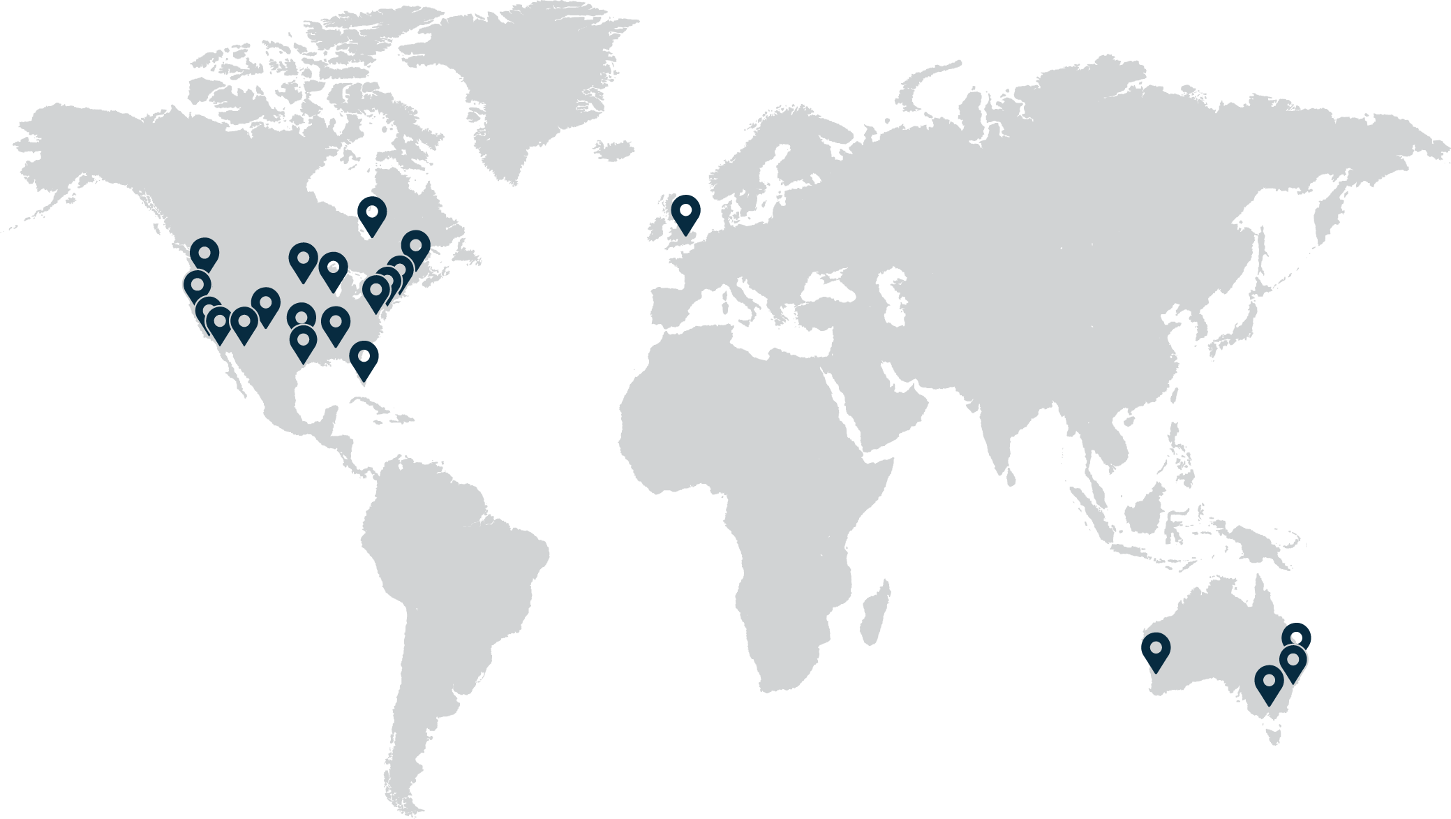 Map pinpointing where Grace Loves Lace bridal showrooms are located around the world