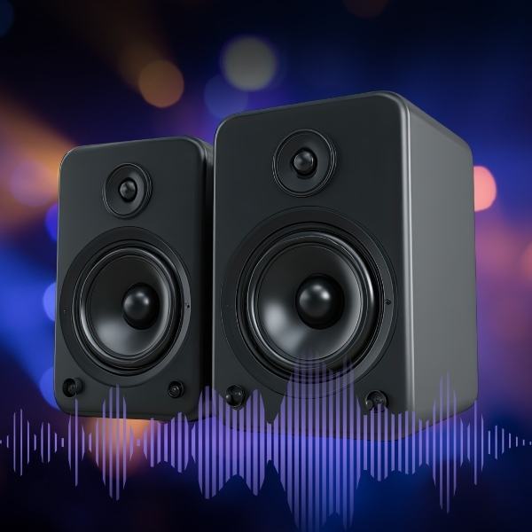 Two black speakers with sound wave graphic against a colorful background.