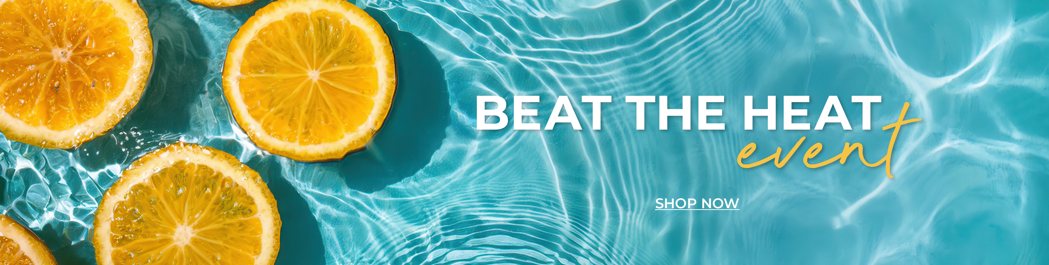 Sliced oranges on a blue water background with text 