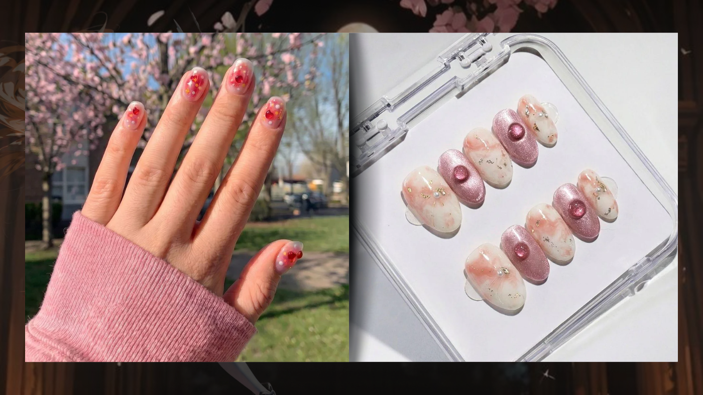 Asuna Yuuki cosplay nail art with EyeCandys Catching Feelings and Raspberry Ripple press-on nails, featuring soft pink and red tones with elegant almond shape for a polished anime-inspired warrior look.