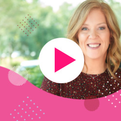 Smiling woman with wavy hair, surrounded by colorful graphic elements and a play button.