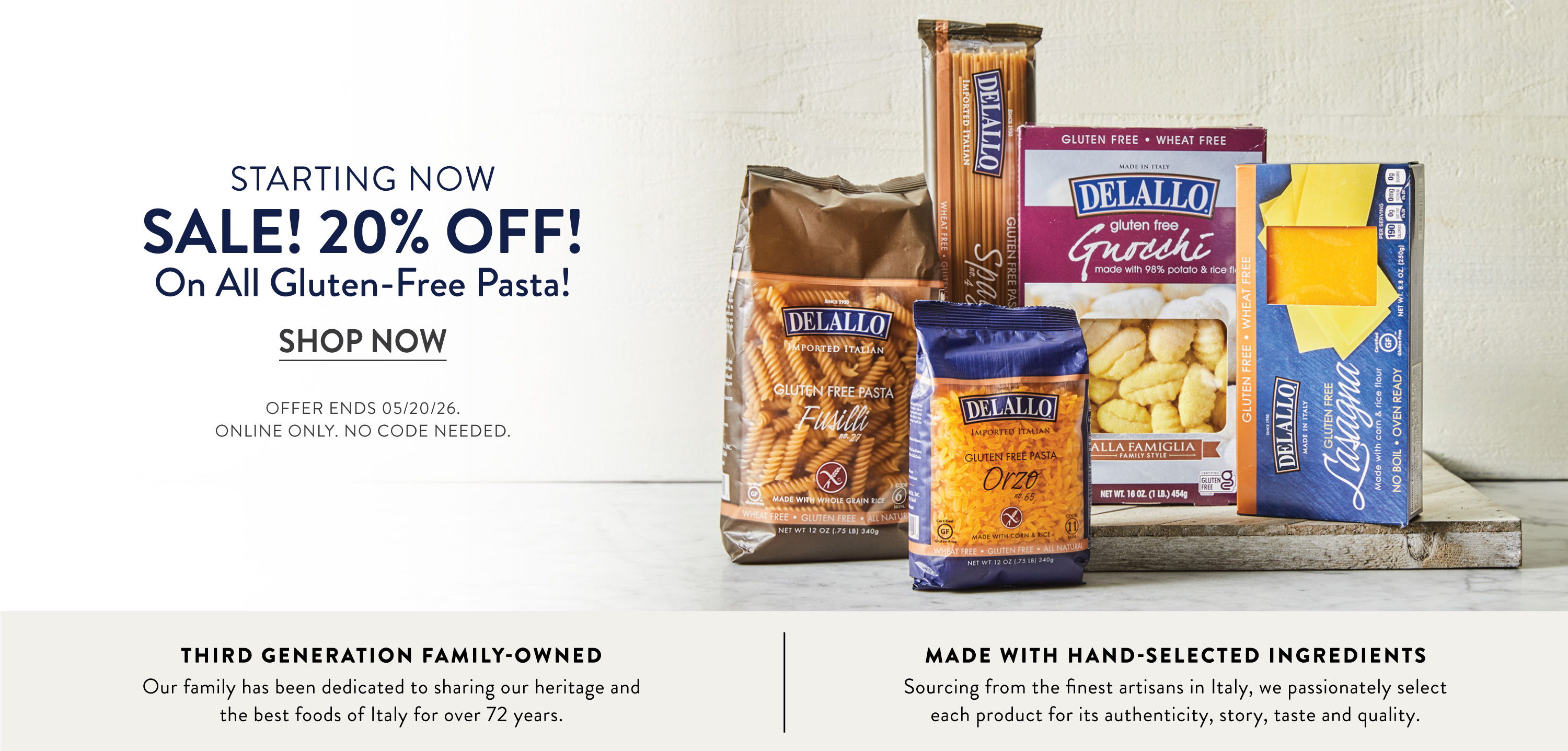Gluten-free pasta products with a 20% off sale announcement.