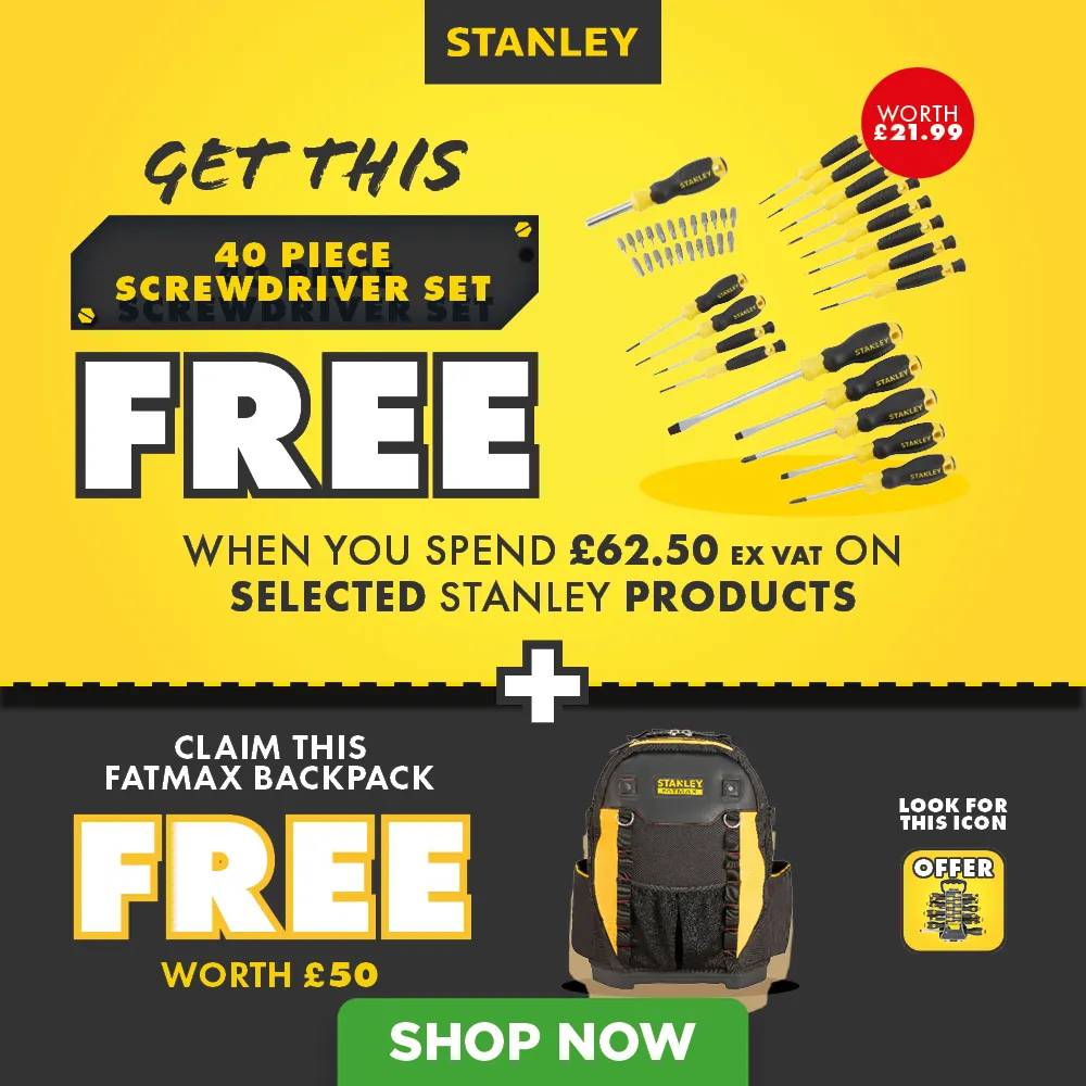 Promotional image for free screwdriver set and backpack with Stanley products.
