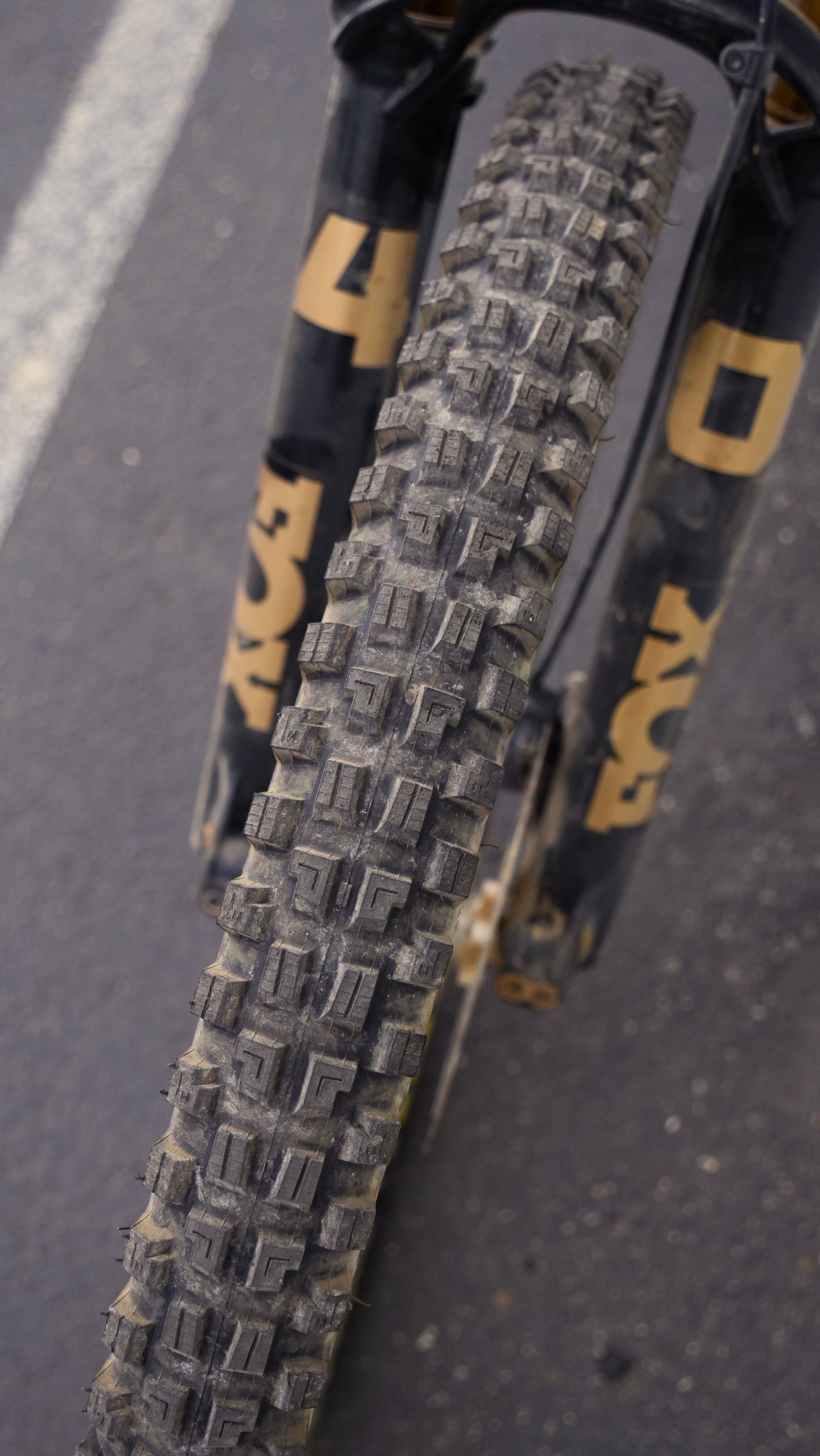 Close-up of a mountain bike tire with tread patterns.