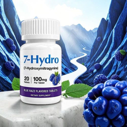 Bottle of 7-Hydro dietary supplement with blue raspberry flavor against a scenic background.