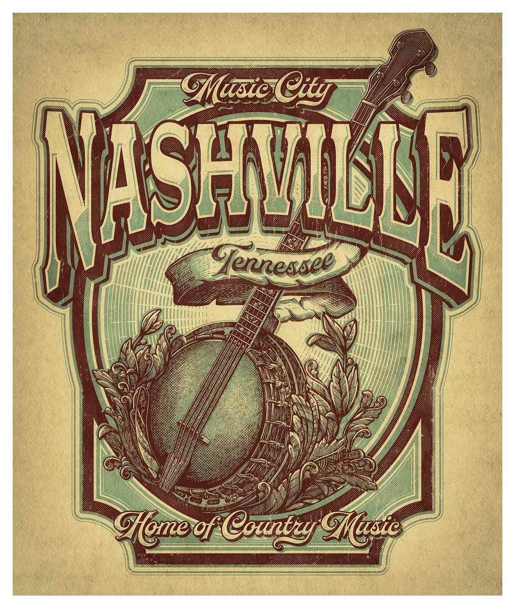 Nashville Music Poster with Engraving Style