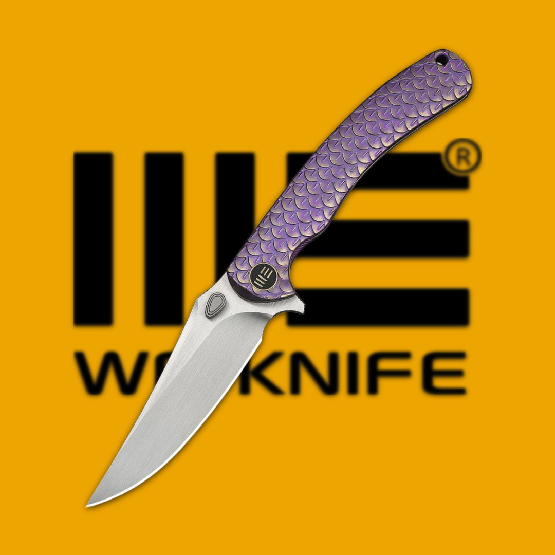Purple knife on an orange background with Workknife logo.