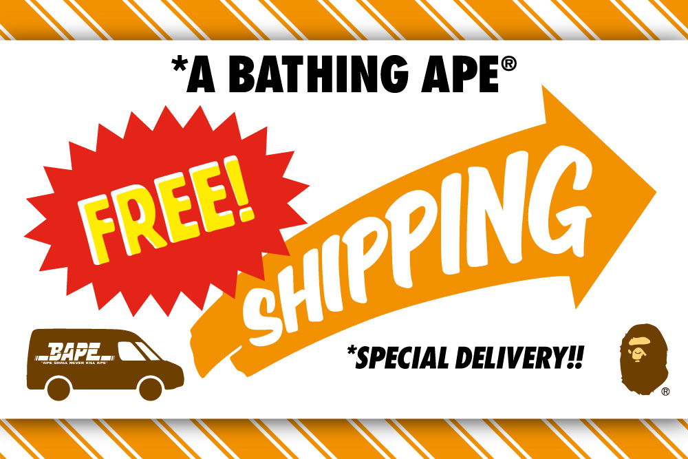 A Bathing Ape promotional banner for free shipping with special delivery.