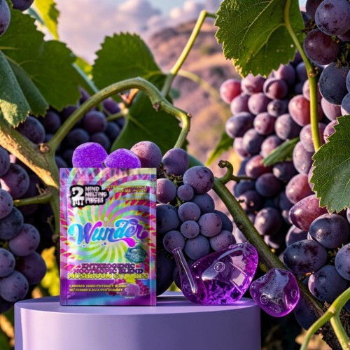 Colorful grape candy package among purple grapes on a vine.