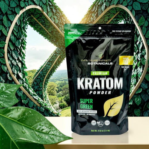 Kratom powder packaging in a lush green background with leaves.