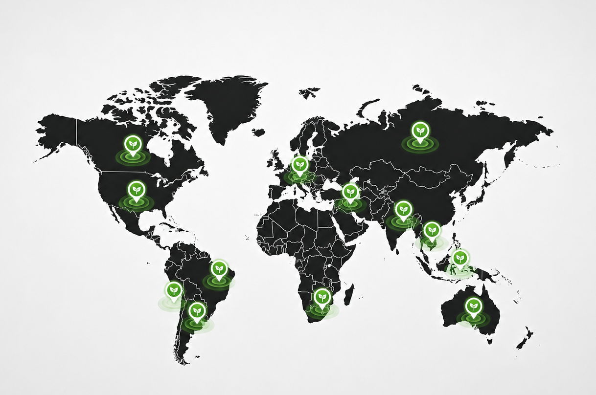 World map with highlighted locations marked in green.