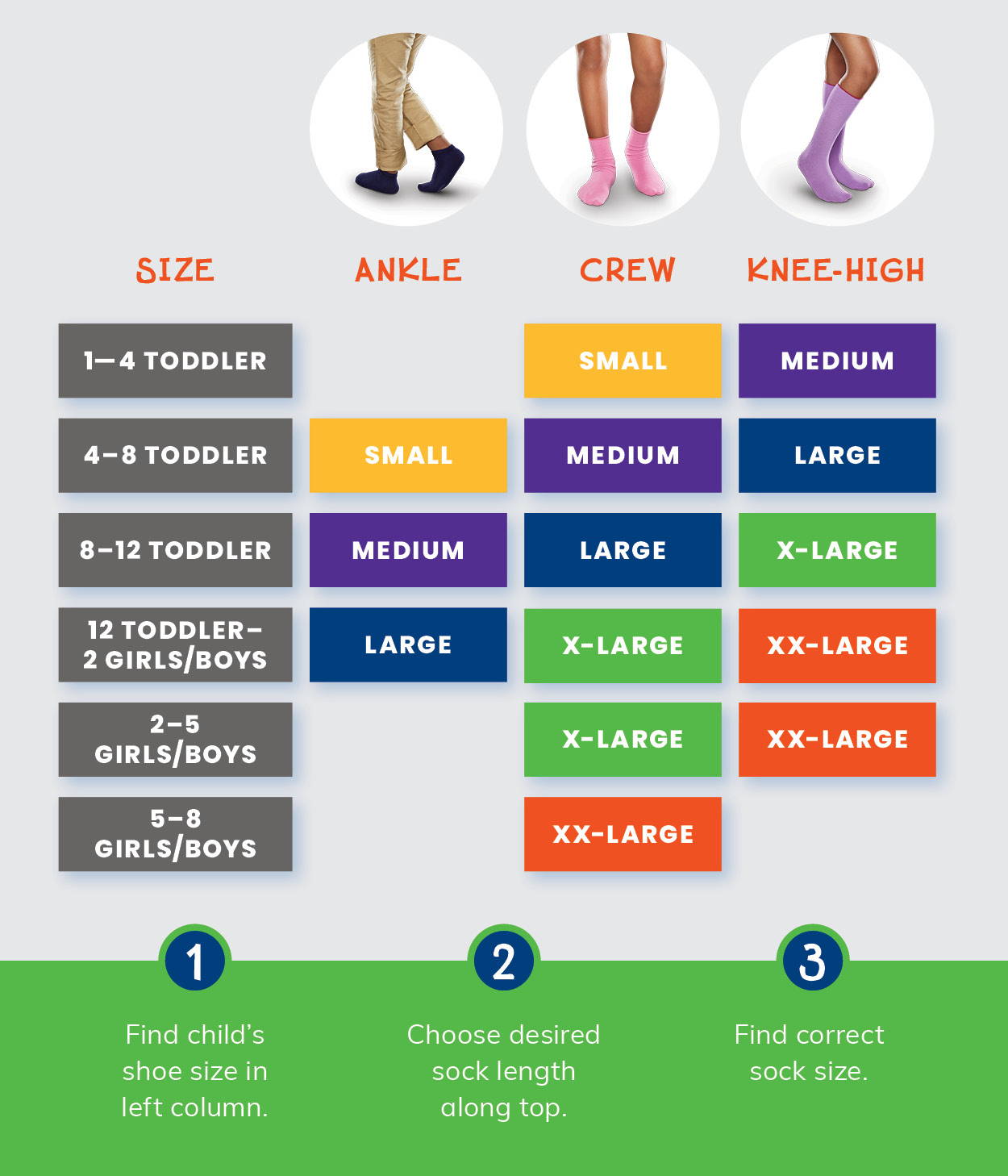 Size chart and guide for SmartKnitKIDS Seamless Socks