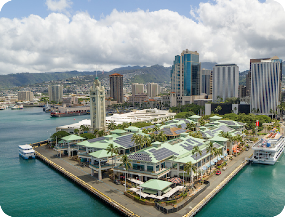 Aerial view of a harbor with buildings and palm trees.