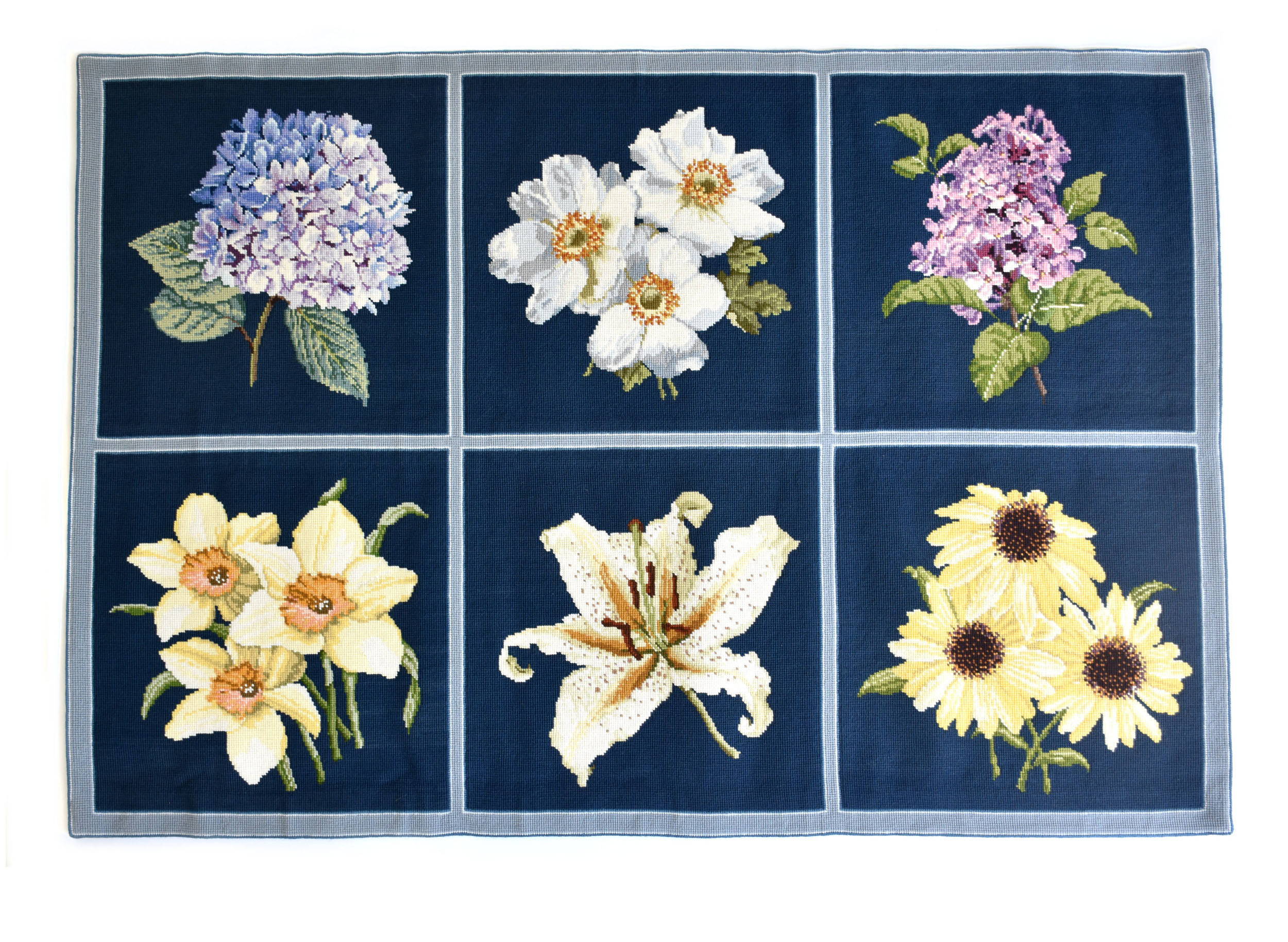 The Blooms Collection finished as a 6 panel carpet with a simple border