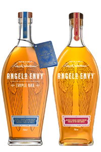 Bottles of Angel's Envy whiskey, one with blue label and one with red label.