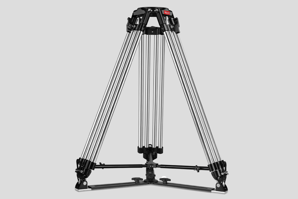Tripod with multiple legs and adjustable height for stabilizing cameras.