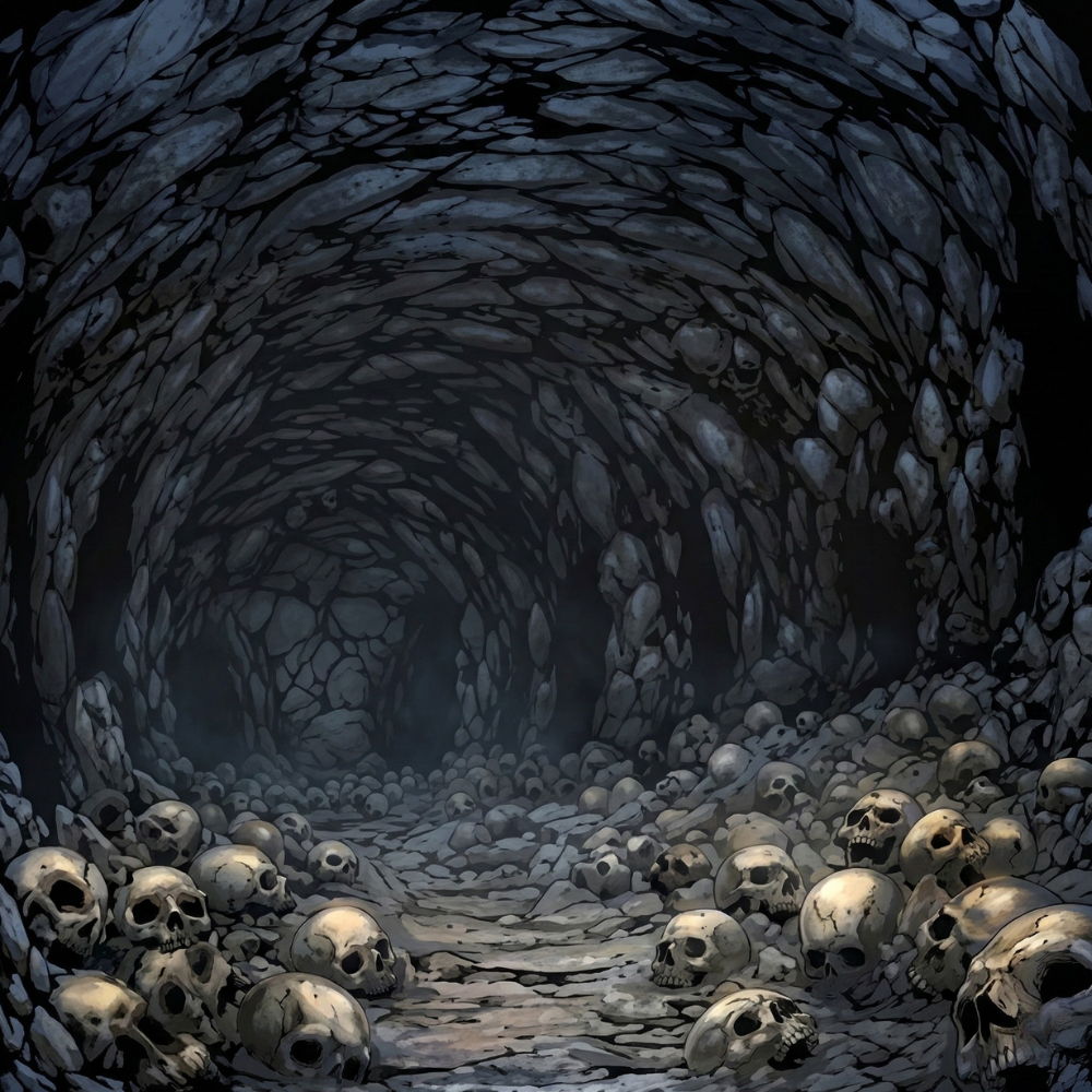 Maze of Meurtos Dark tunnel filled with skulls and stones.
