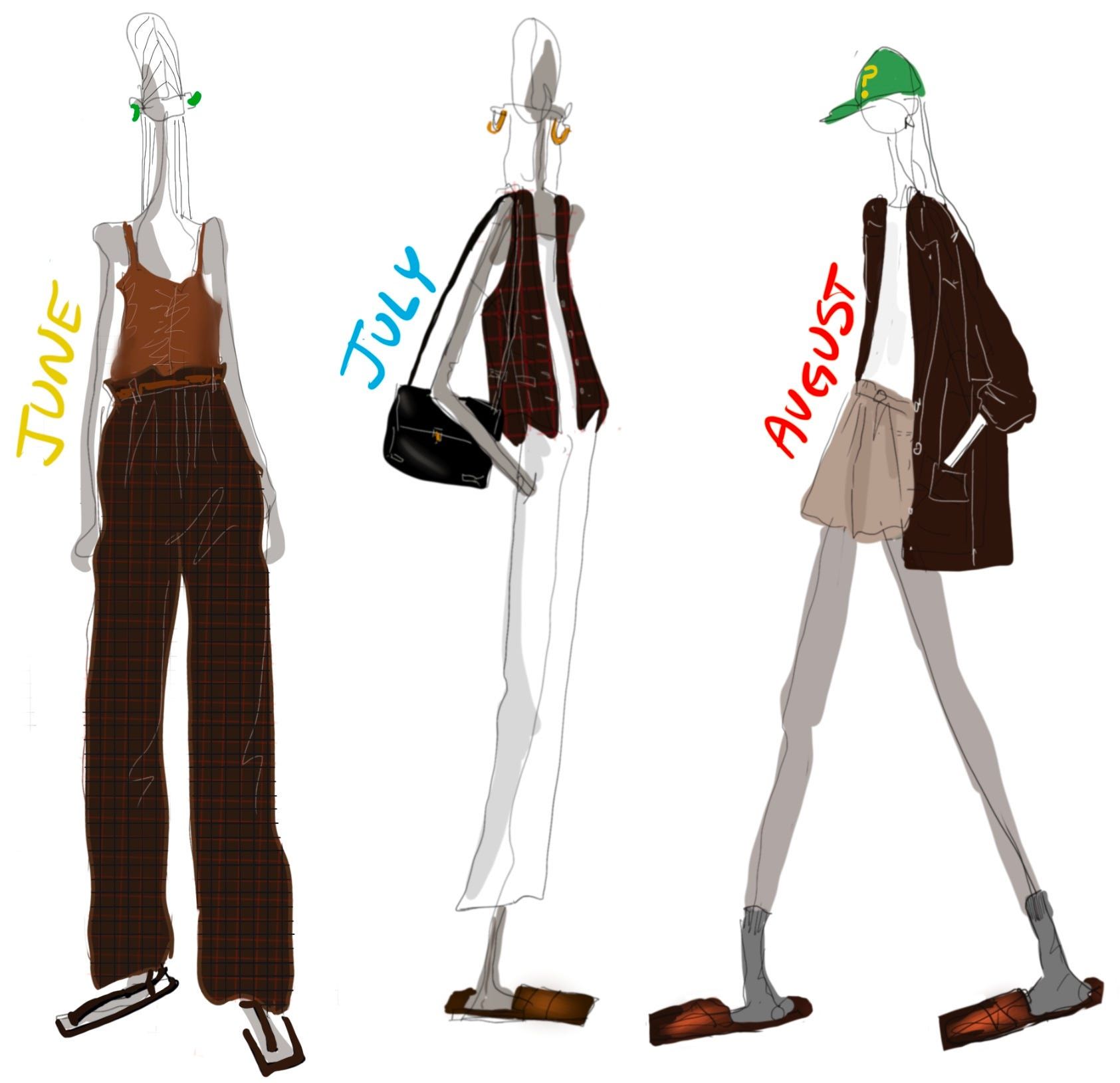 Fashion illustrations for June, July, and August outfits with accessories.