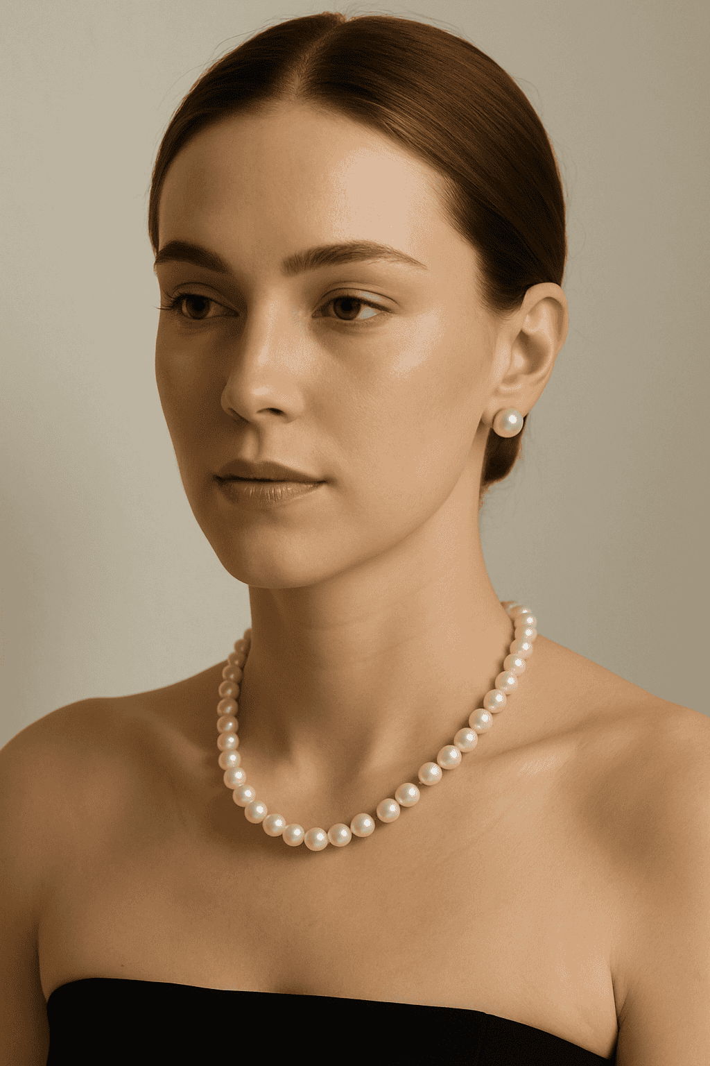 Elegant woman wearing a classic pearl necklace and matching pearl stud earrings against a neutral background.