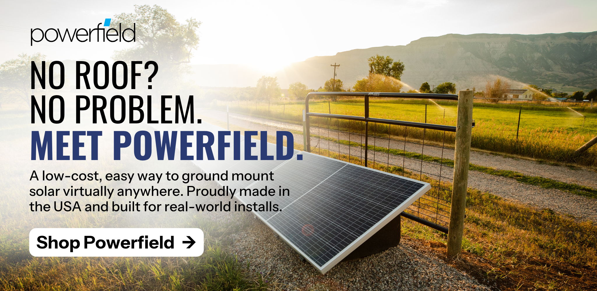 Powerfield PowerRack solar panel mounting advertisement with scenic background and promotional text.