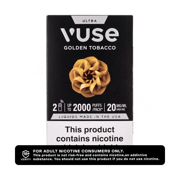 Vuse Ultra Golden Tobacco vape pod packaging with nicotine warning.