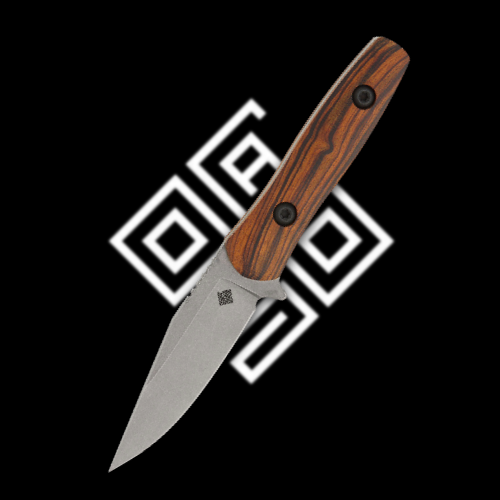 Knife with a wooden handle on a black background with geometric design.