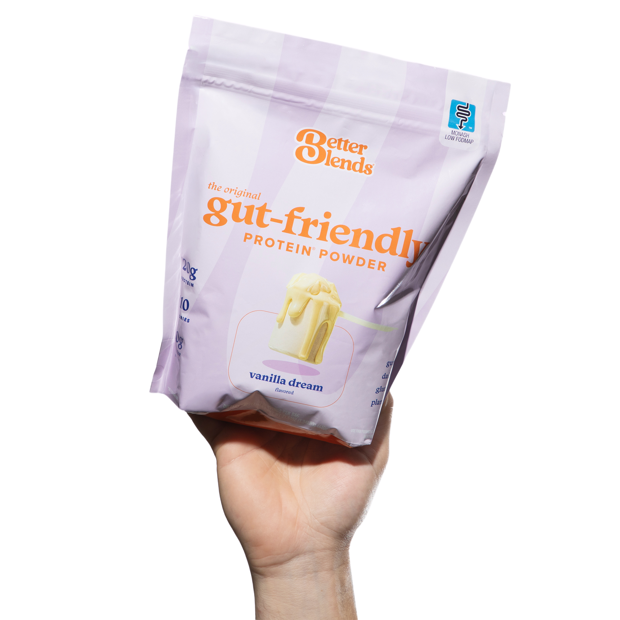 Better Blends Vanilla Dream gut-friendly protein powder with 20g protein, 4g fiber, 0g sugar, and Low FODMAP, gluten-free, vegan, dairy-free, and gum-free claims.
