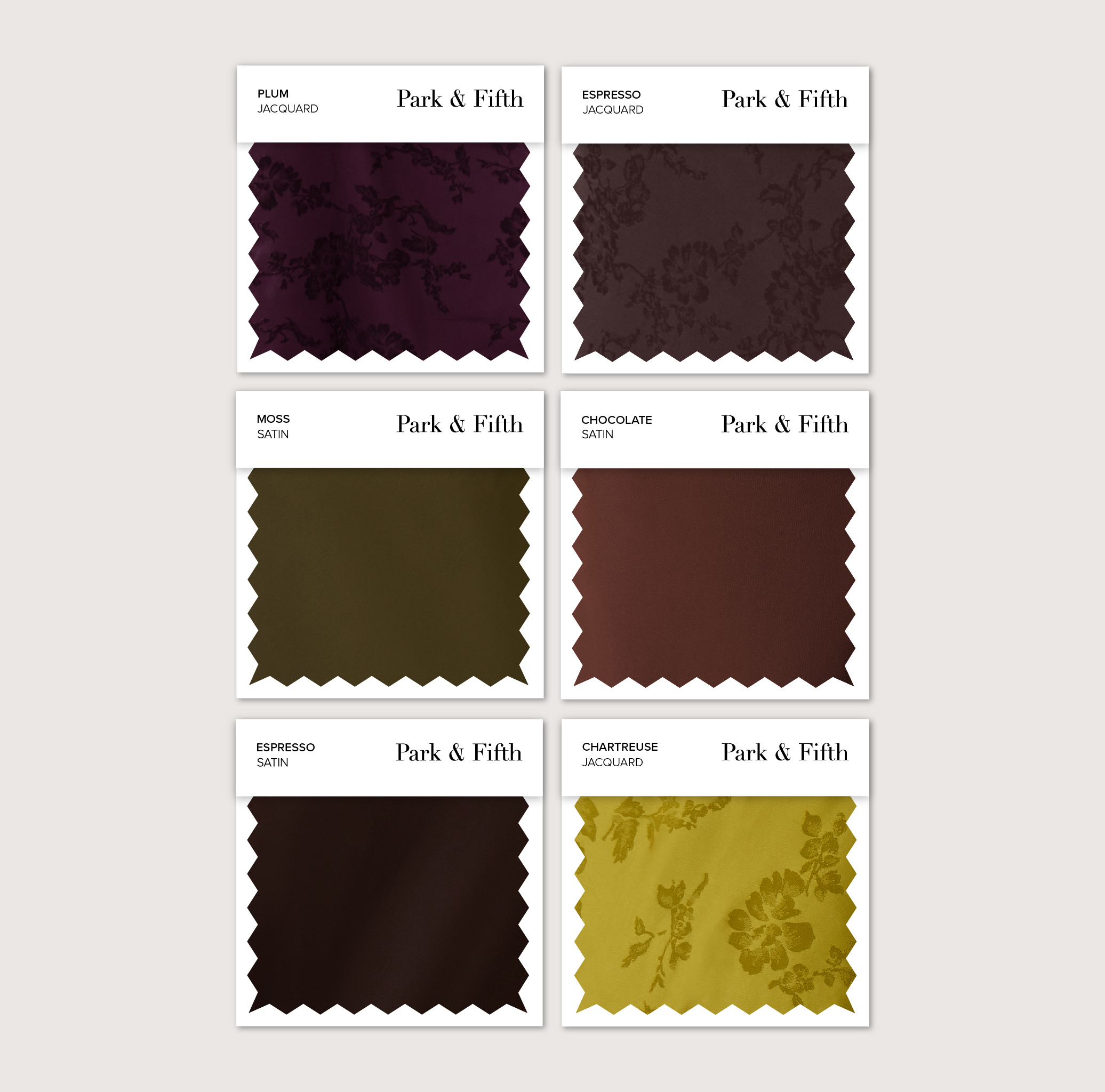 Fabric swatches in various shades of purple, brown, and green.