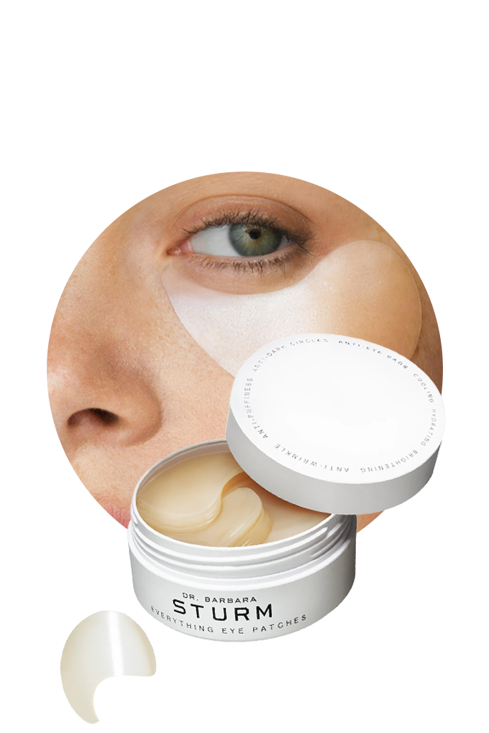 Eye patches next to a woman's face and skincare product jar.