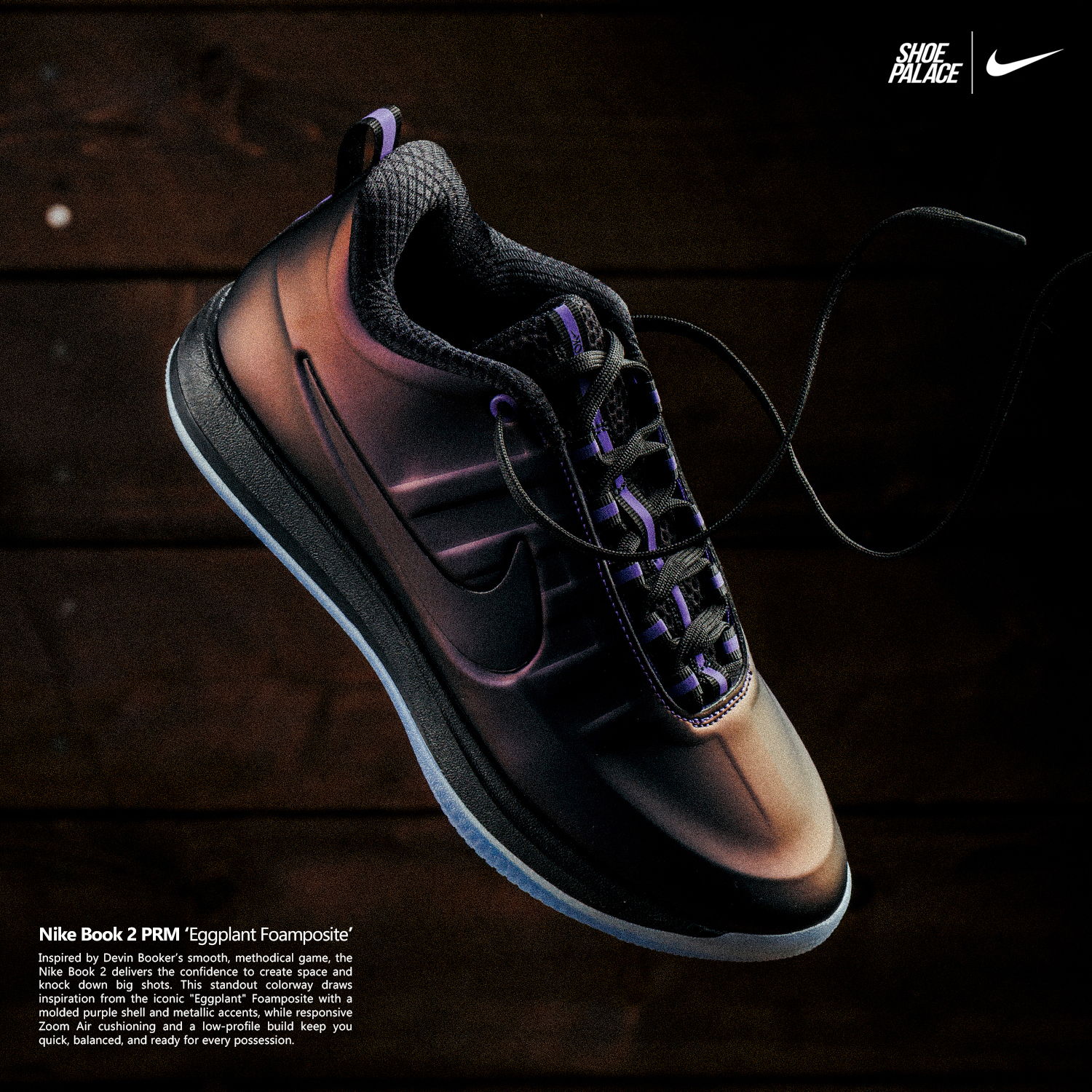 Nike shoe displayed against a dark wooden background with text description.