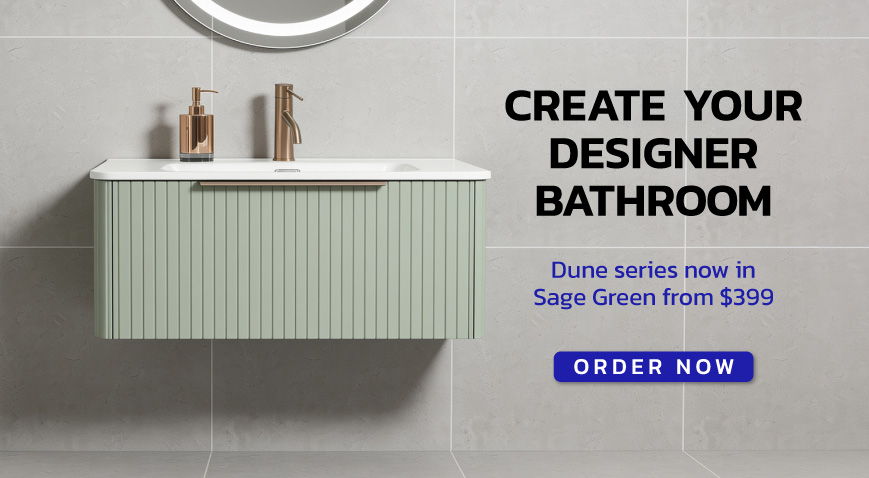Promotional image for a designer bathroom cabinet in soft green.